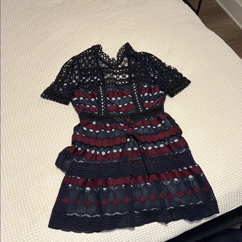 Self-Portrait Navy and Burgundy Lace Dress